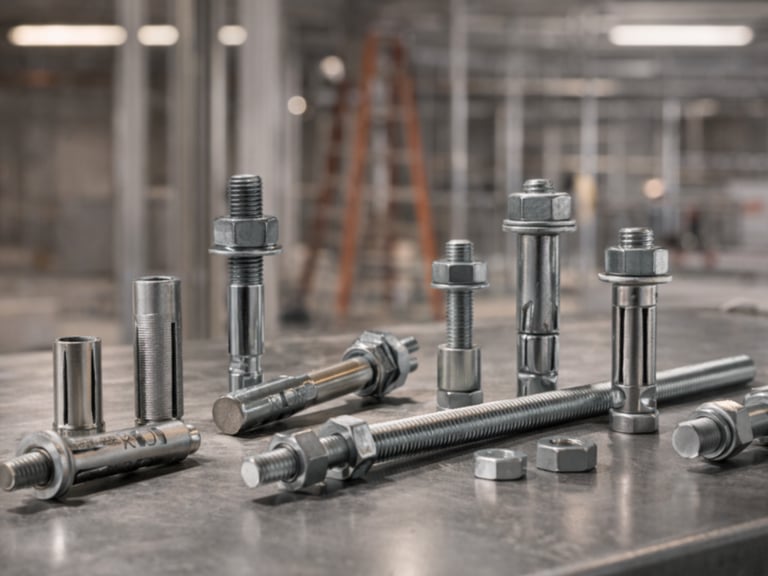 Multiple types of construction fixings including anchors and threaded rods neatly organised on a metal work surface on a commercial construction site.