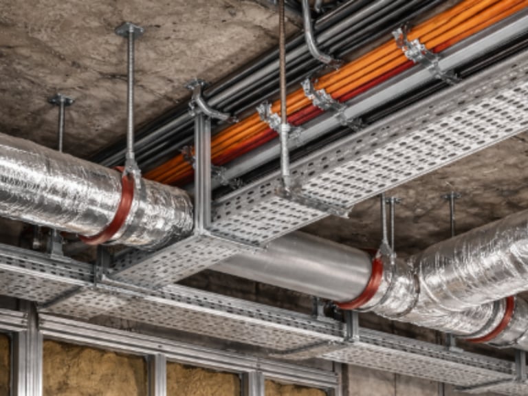 Metal channel support system fixed to concrete ceiling with threaded rods