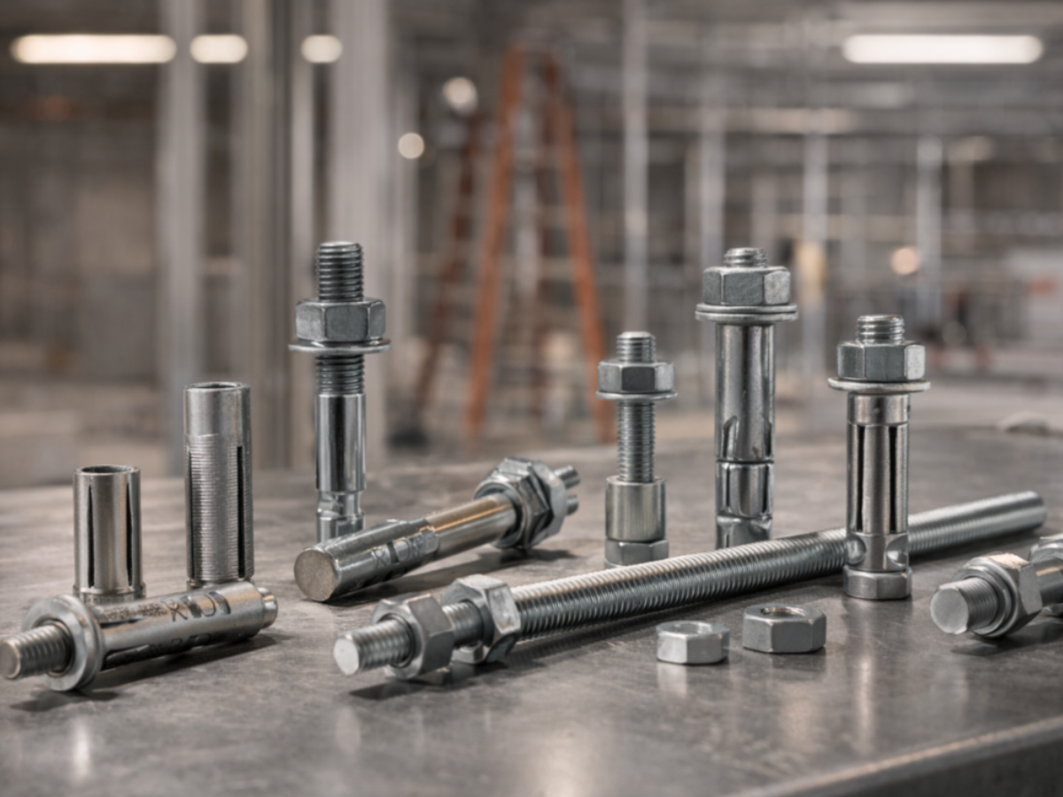 Multiple types of construction fixings including anchors and threaded rods neatly organised on a metal work surface on a commercial construction site.