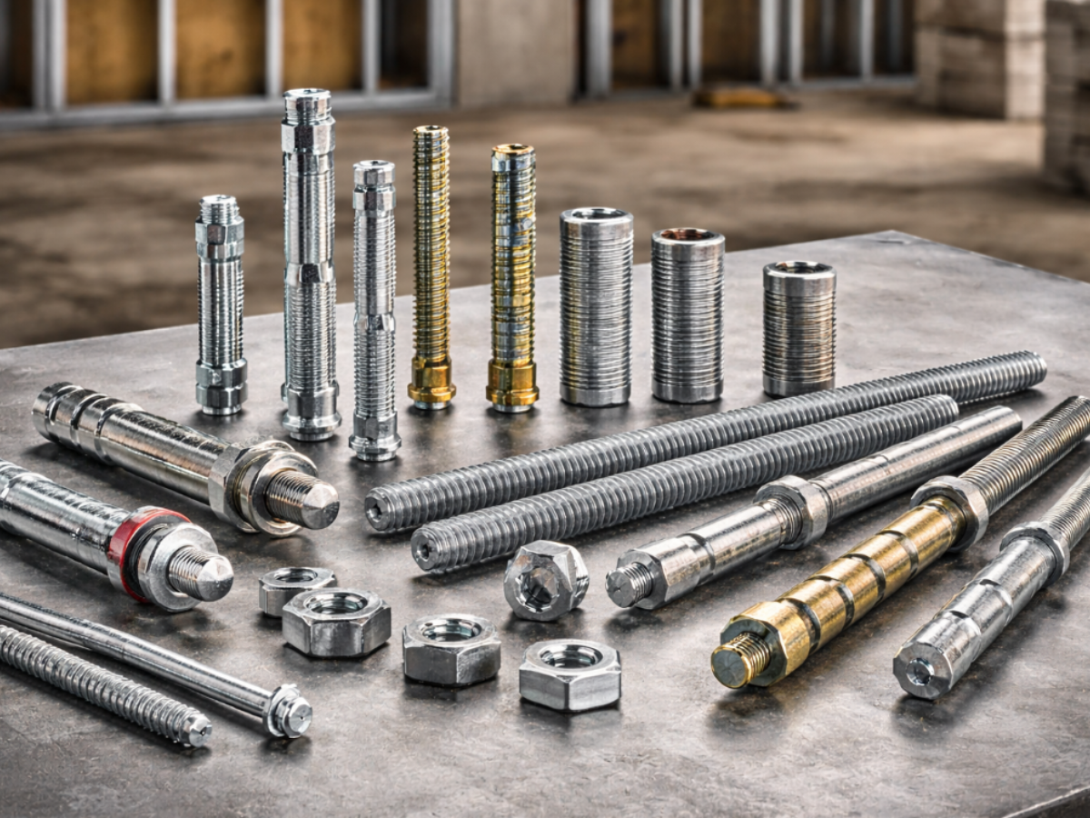 Assorted construction fixings including mechanical anchors, threaded rods, nuts and bolts arranged on a steel workbench inside a commercial construction environment.