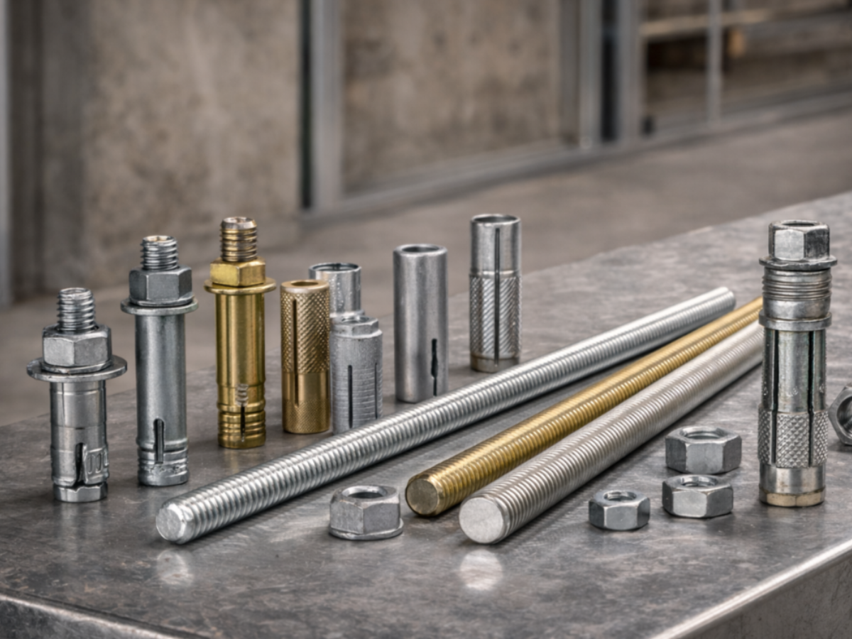 Mechanical anchor bolt installed into a concrete slab securing a steel bracket with washer and nut in a commercial construction setting.