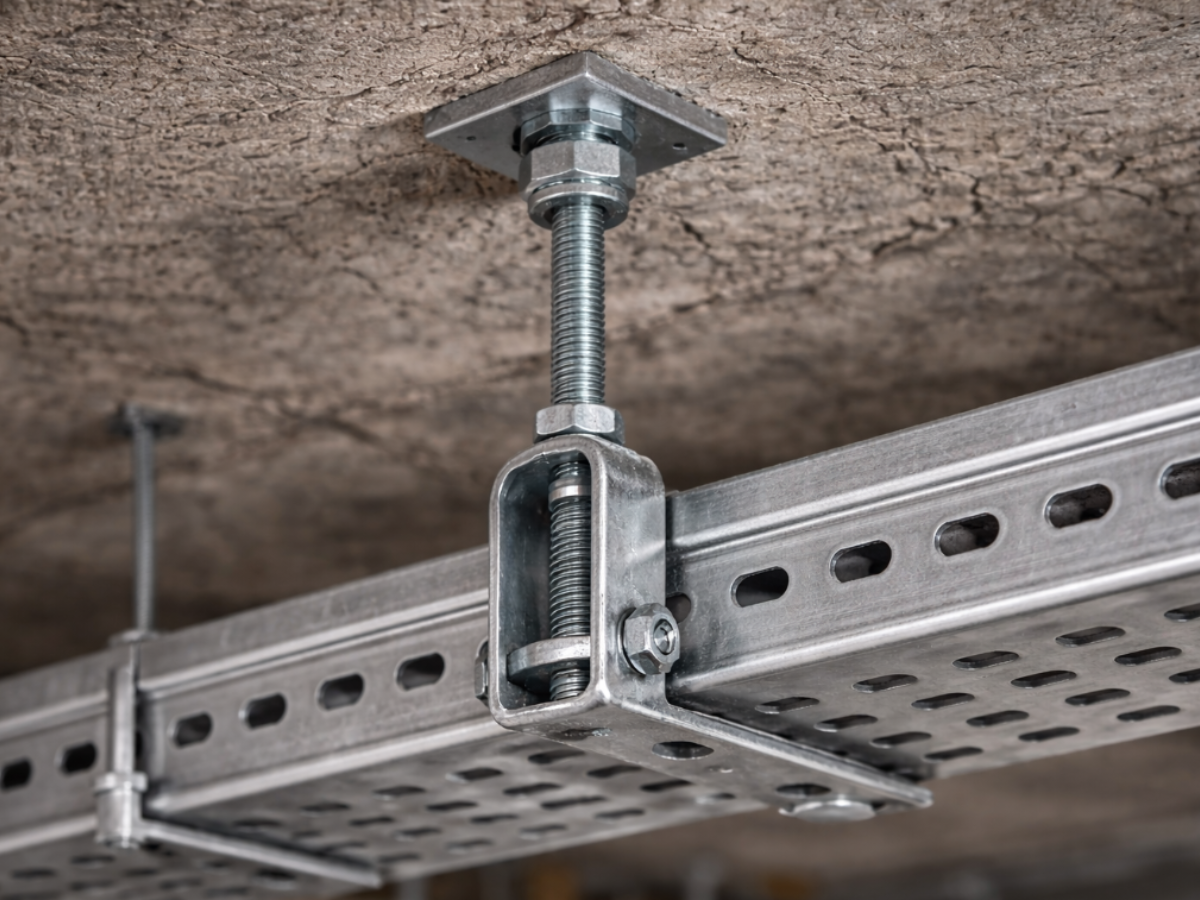 Galvanised channel support system suspended from a concrete ceiling using a structural anchor and threaded rod for M&E services.