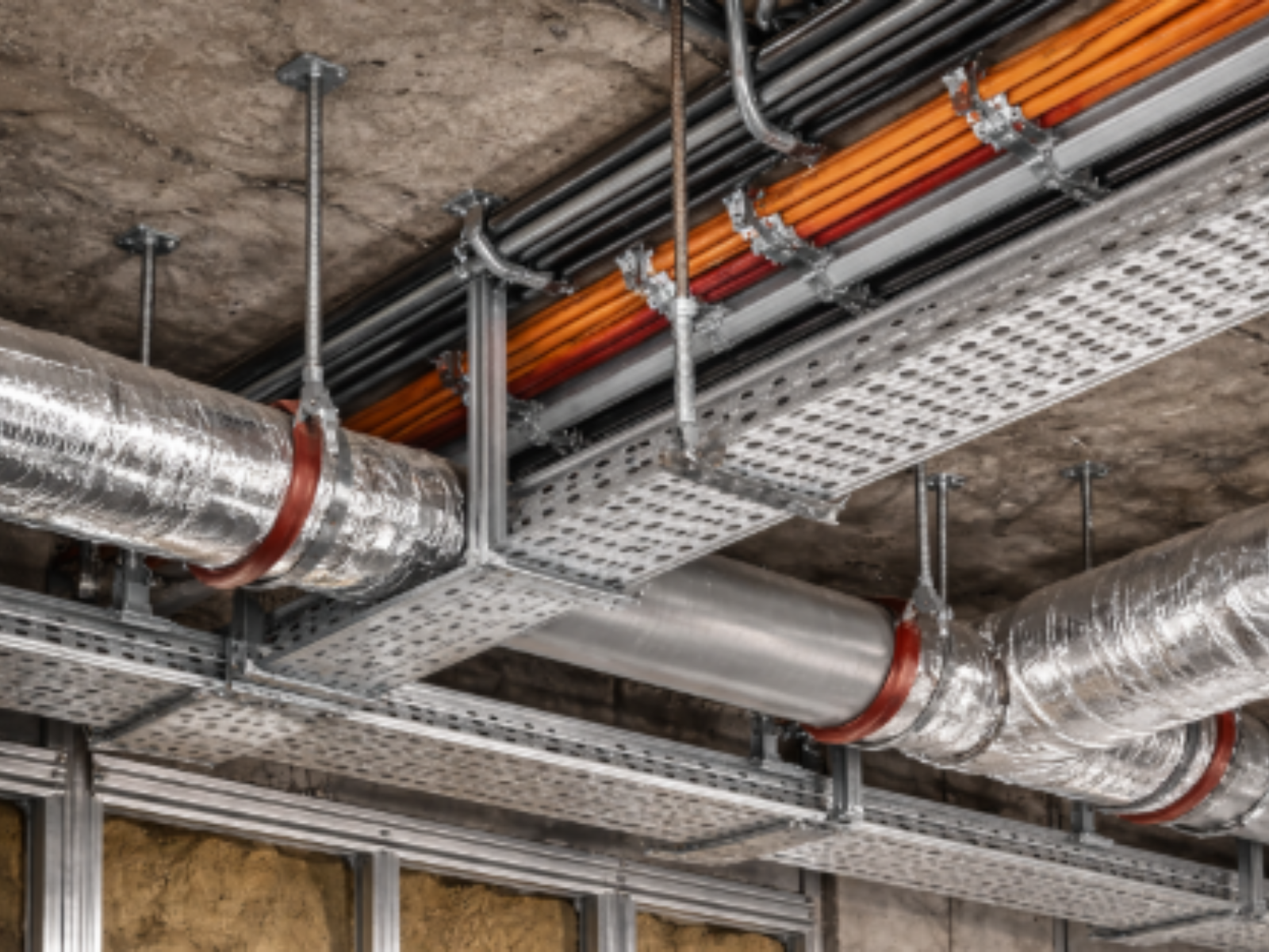 Metal channel support system fixed to concrete ceiling with threaded rods