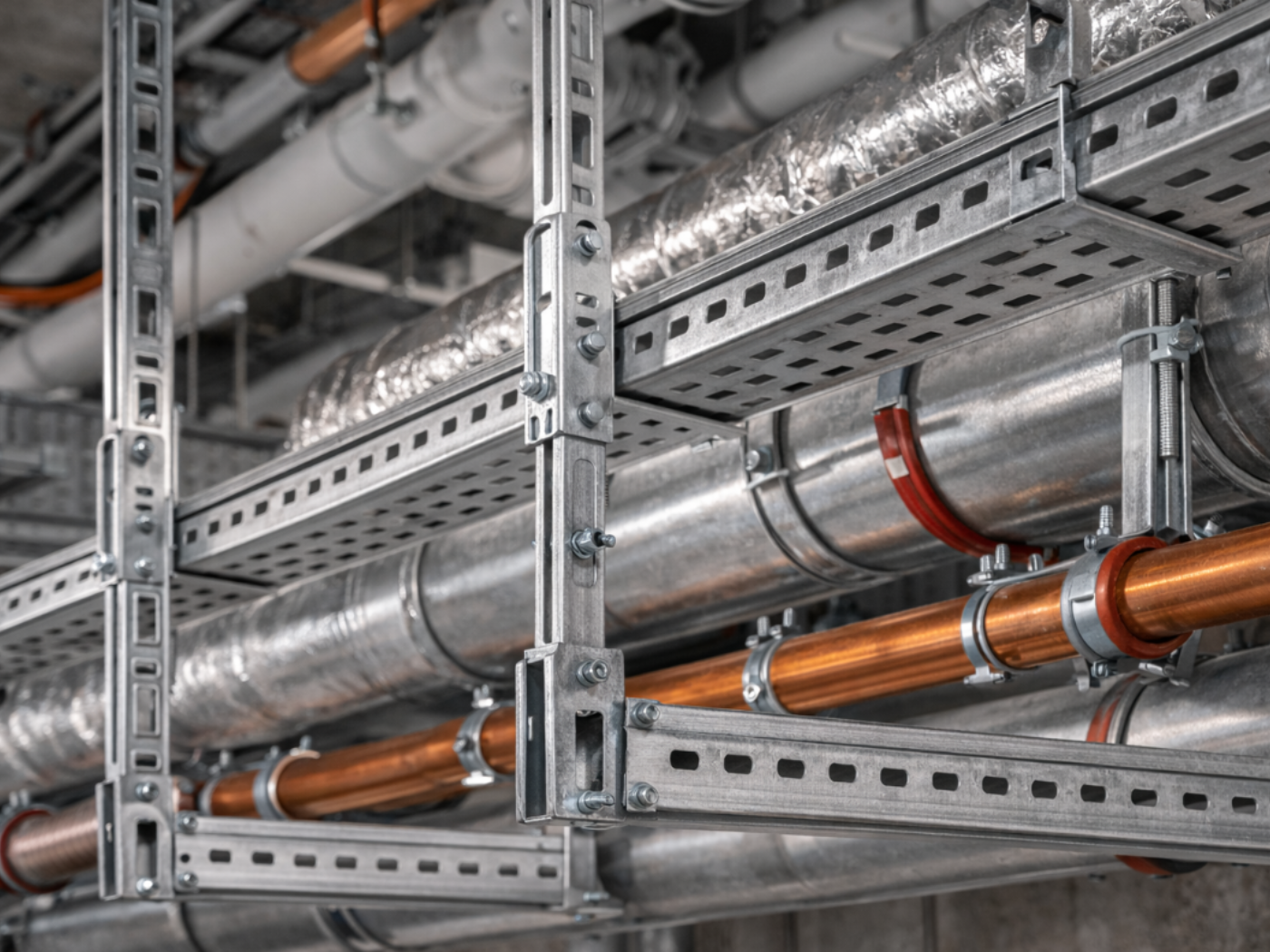 Modular bracket system supporting HVAC ductwork and pipework