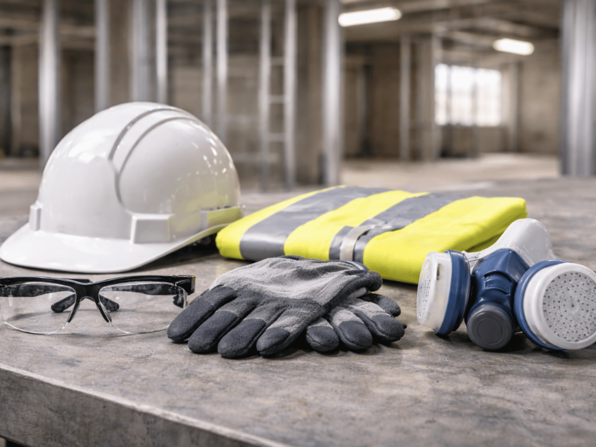 construction protective PPE including gloves, hard hat, glasses, and highviz