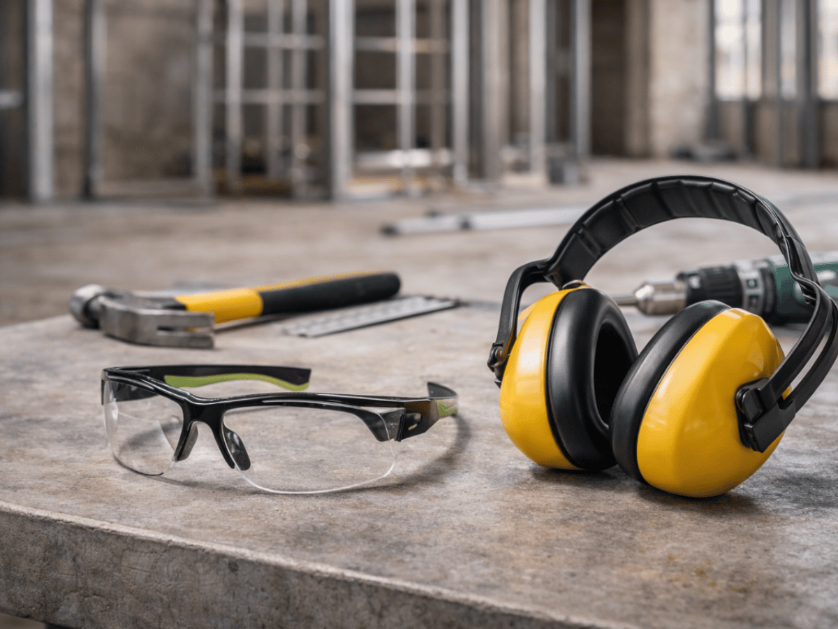 Essential construction site PPE including gloves, safety glasses, inside a commercial building under construction.