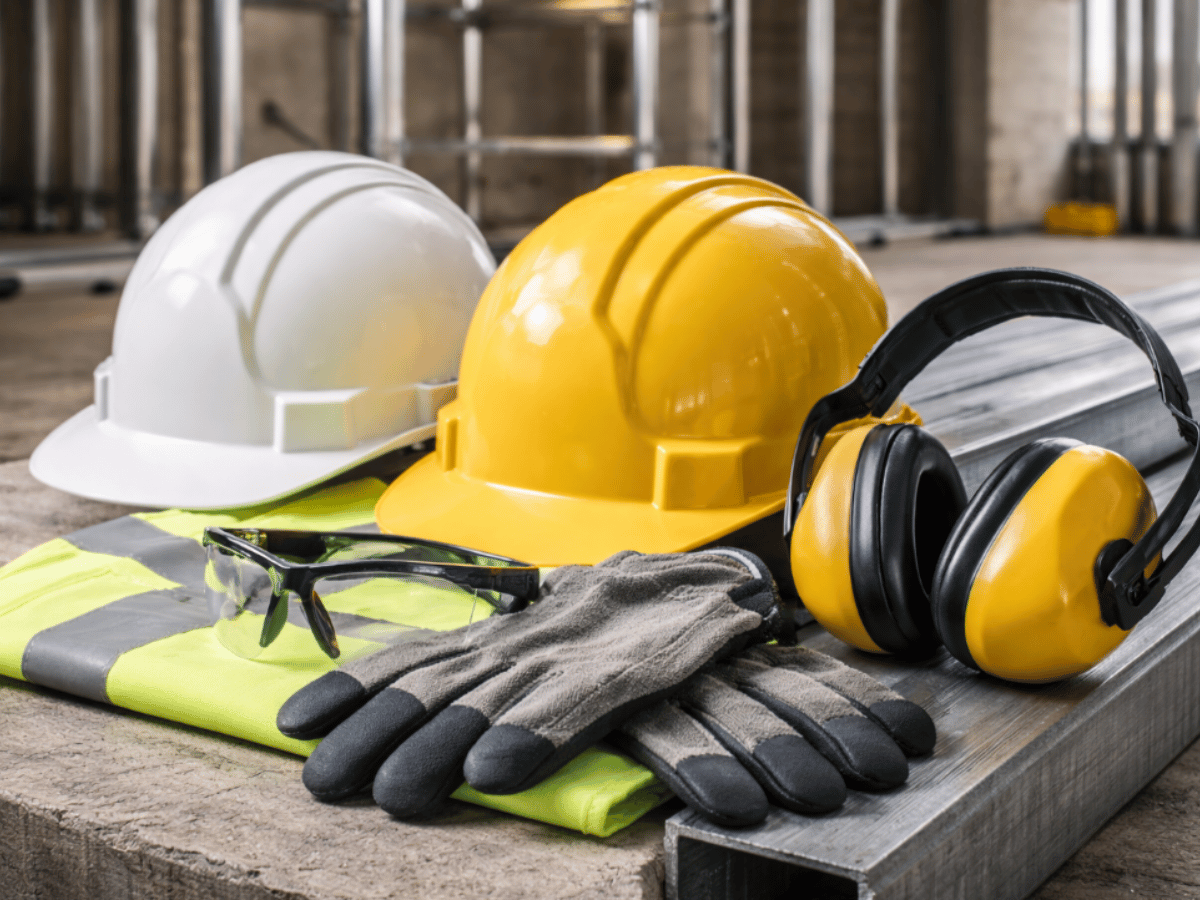 Essential construction site PPE including hard hat, gloves, safety glasses, respirator and high-visibility clothing arranged on a workbench inside a commercial building under construction.